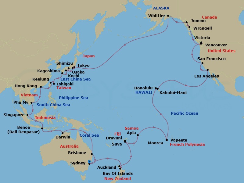 79 Night - Circle Pacific (Roundtrip Sydney) - Grand Princess - Starting in Sydney AU, Auckland, New Zealand, Bay of Islands, New Zealand, Suva, Fiji, Dravuni Island, Fiji, Apia, Western Samoa, Cross International Date Line, Tahiti (Papeete), French Polynesia, Moorea, French Polynesia, Honolulu, Hawaii, Kahului, Hawaii, Los Angeles, California, San Francisco, California, Victoria CA, Vancouver, Canada, Wrangell, Alaska, Juneau, Alaska, Hubbard Glacier (Scenic Cruising), Alaska, College Fjord (Scenic Cruising), Alaska, Anchorage (Whittier), Alaska, Cross International Date Line, Tokyo, Japan, Shimizu (for Mount Fuji), Japan, Osaka (for Kyoto), Japan, Kochi, Japan, Kagoshima, Japan, Ishigaki, Japan, Taipei (Keelung), Hong Kong, Ho Chi Minh City (Phu My), Vietnam, Singapore, Bali (Benoa), Indonesia, Darwin, Australia, Brisbane, Australia, Sydney AU itinerary map