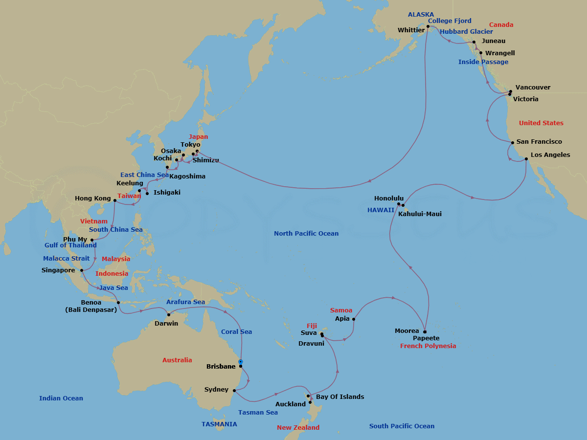 79 Night - Circle Pacific (Roundtrip Brisbane) - Grand Princess - Starting in Brisbane, Australia, Sydney AU, Auckland, New Zealand, Bay of Islands, New Zealand, Suva, Fiji, Dravuni Island, Fiji, Apia, Western Samoa, Cross International Date Line, Tahiti (Papeete), French Polynesia, Moorea, French Polynesia, Honolulu, Hawaii, Kahului, Hawaii, Los Angeles, California, San Francisco, California, Victoria CA, Vancouver, Canada, Wrangell, Alaska, Juneau, Alaska, Hubbard Glacier (Scenic Cruising), Alaska, College Fjord (Scenic Cruising), Alaska, Anchorage (Whittier), Alaska, Cross International Date Line, Tokyo, Japan, Shimizu (for Mount Fuji), Japan, Osaka (for Kyoto), Japan, Kochi, Japan, Kagoshima, Japan, Ishigaki, Japan, Taipei (Keelung), Hong Kong, Ho Chi Minh City (Phu My), Vietnam, Singapore, Bali (Benoa), Indonesia, Darwin, Australia, Brisbane, Australia itinerary map