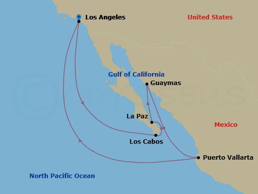 10 Night - Baja Peninsula & Sea of Cortez - Grand Princess - Starting in Los Angeles, California, Cabo San Lucas, Mexico, La Paz, Mexico, Guaymas, Mexico, Puerto Vallarta, Mexico, Los Angeles, California itinerary map