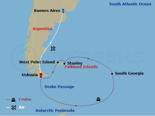 18 Night - Antarctica & South Georgia Island - Viking Polaris Tours - Starting in Buenos Aires, Ushuaia, Sail the South Atlantic Ocean, West Point Island, Port Stanley, Falkland Islands, Sail the South Atlantic Ocean, South Georgia, Sail the South Atlantic Ocean, Antarctica, Sail the Drake Passage, Ushuaia itinerary map
