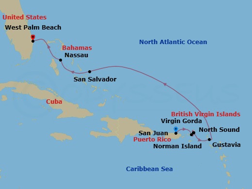 9 Night - Cruise from San Juan to West Palm Beach - SeaDream III - Starting in San Juan, Norman Island, Spanish Town, Virgin Gorda, North Sound, Virgin Gorda, Gustavia, San Salvador, Nassau, Palm Beach itinerary map