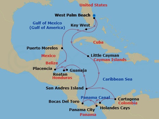 20 Night - Cruise Roundtrip from West Palm Beach - SeaDream III - Starting in Palm Beach, Key West, Florida, Little Cayman, San Andres, Cartagena De Indias, Colombia, Holandes Cays, San Blas, Sailing through the Panama Canal, Panama City, Sailing through the Panama Canal, Bocas del Toro, Coxen Hole, Roatan, Guanaja, Placencia, Puerto Morelos, Quintana Roo, Palm Beach itinerary map