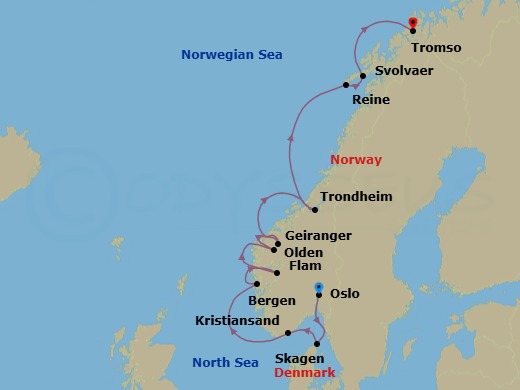 10 Night - Cruise from Oslo to Tromso - SeaDream III - Starting in Oslo, Skagen, Kristiansand, Bergen, Flam, Norway, Olden, Geiranger, Norway, Trondheim, Reine, Lofoten Islands, Svolvar, Lofoten Islands, Trollfjord Scenic Sailing, Tromso itinerary map