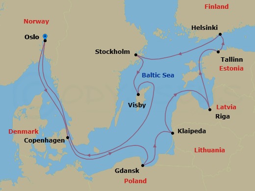 11 Night - Cruise Roundtrip from Oslo - SeaDream III - Starting in Oslo, Copenhagen, Gdansk, Klaipeda, Riga, Tallinn, Helsinki, Stockholm, Visby, Gotland Island, Oslo itinerary map