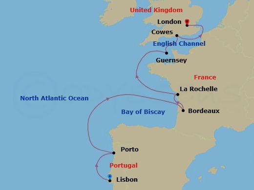 8 Night - Cruise from Lisbon to London - SeaDream III - Starting in Lisbon, Porto, Bordeaux, La Rochelle, France, Guernsey, Channel Islands, Cowes, Isle of Wight, London itinerary map