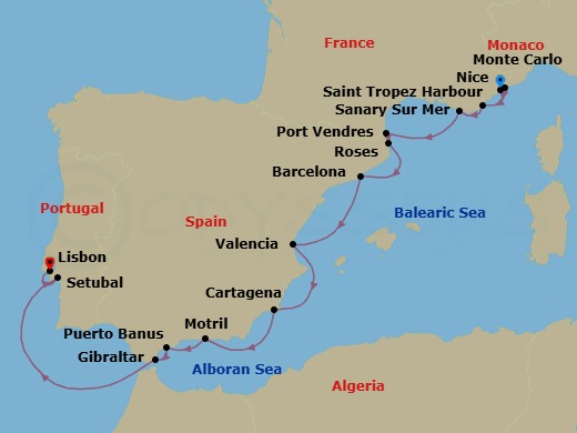 14 Night - Cruise from Nice to Lisbon - SeaDream III - Starting in Nice, Monte Carlo, St Tropez, Sanary-sur-mer, Port-Vendres, Roses, Costa Brava, Barcelona, Valencia, Cartagena ES, Motril, Puerto Banus, Gibraltar, Setubal, Lisbon itinerary map