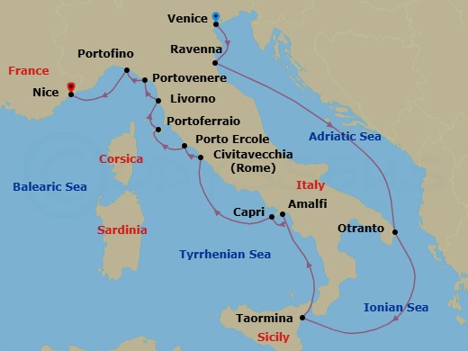 14 Night - Cruise from Venice to Nice - SeaDream III - Starting in Venice, Ravenna, Otranto, Taormina (Mount Etna) Sicily, Amalfi, Capri, Rome (Civitavecchia), Porto Ercole, Portoferraio, Elba, Livorno (Florence), Porto Venere (Cinque Terre), Portofino, Nice itinerary map