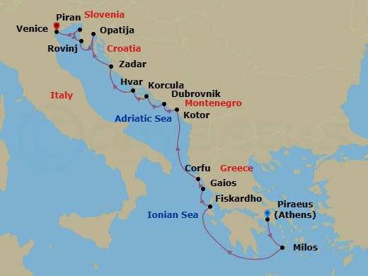 14 Night - Cruise from Athens (Piraeus) to Venice - SeaDream III - Starting in Athens (Piraeus), Milos, Fiskardo, Cephalonia, Gaios, Paxoi Island, Corfu, Kotor, Dubrovnik, Old Town, Dubrovnik, Croatia, Korcula, Hvar, Zadar, Opatija, Rovinj, Piran, Venice itinerary map