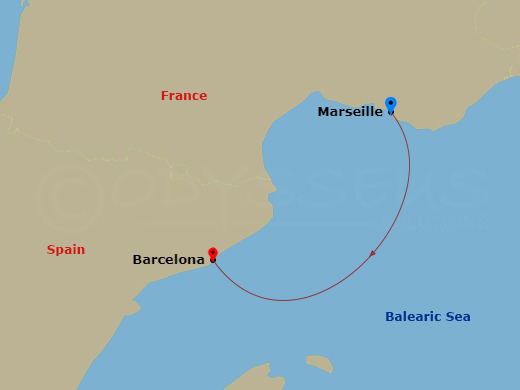 1 Night - Western Mediterranean from Marseille to Barcelona - Costa Toscana - Starting in Marseille, France, Barcelona, Spain itinerary map