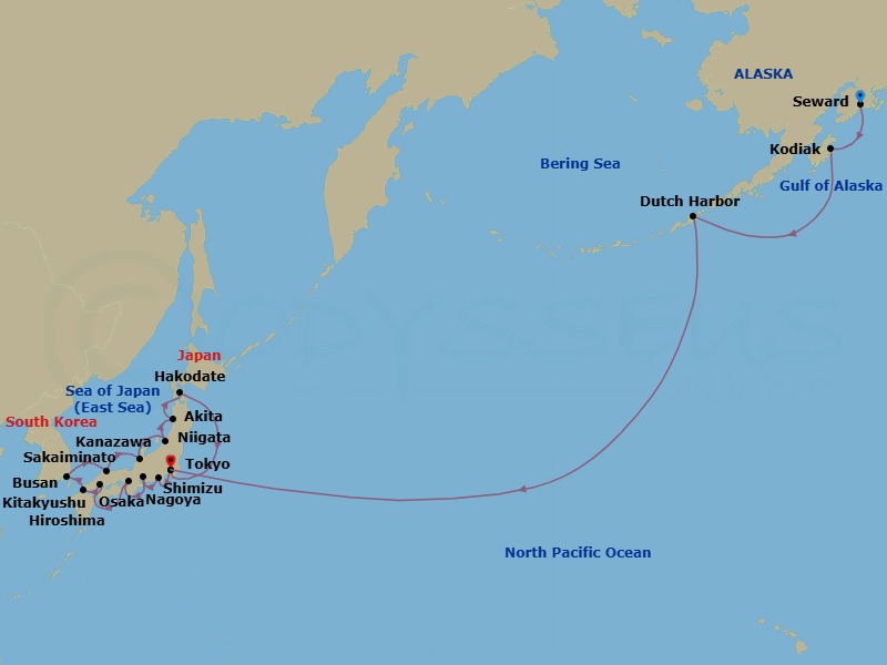 27 Night - Alaska & Japan Combination Cruise : Seward, Nagoya & Osaka - Azamara Pursuit - Starting in Seward, Alaska, Kodiak, Alaska, Dutch Harbor, Alaska, Tokyo, Mount Fuji (Shimizu), Nagoya, Osaka, Hiroshima, Kitakyushu, Busan, Sakaiminato, Kanazawa, Niigata, Akita, Hakodate, Tokyo itinerary map