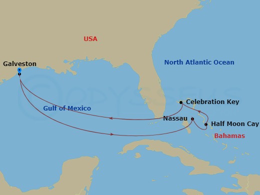 8 Night - Bahamas - Carnival Tropicale - Starting in Galveston, Tx, Nassau, Bahamas, Relaxaway, Half Moon Cay, Celebration Key, the Bahamas, Galveston, Tx itinerary map