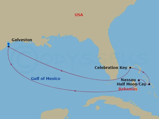 8 Night - Bahamas - Carnival Tropicale - Starting in Galveston, Tx, Celebration Key, the Bahamas, Relaxaway, Half Moon Cay, Nassau, Bahamas, Galveston, Tx itinerary map
