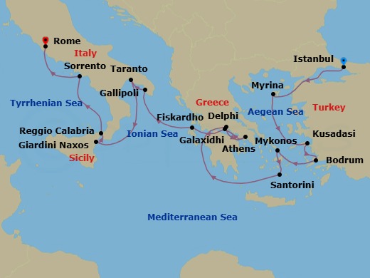 16 Night - Star Collector : Wonders of Southern Italy, Greece & Turkiye via the Corinth Canal - Star Legend - Starting in Istanbul, Myrina / Lemnos, Kusadasi, Bodrum, Mykonos, Santorini, Itea, Delphi, Cruising the Corinth Canal, Piraeus, Athens, Cruising the Corinth Canal, Galaxidi, Delphi, Fiskardo, Cephalonia, Gallipoli, Taranto, Giardini Naxos, Taormina, Reggio di Calabria, Sorrento, Civitavecchia, Rome itinerary map