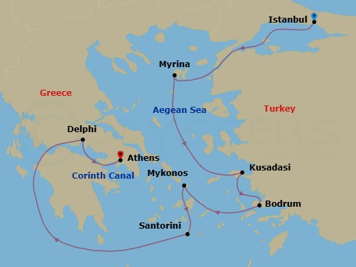 8 Night - Aegean Sea Odyssey via the Corinth Canal - Star Legend - Starting in Istanbul, Myrina / Lemnos, Kusadasi, Bodrum, Mykonos, Santorini, Itea, Delphi, Cruising the Corinth Canal, Piraeus, Athens itinerary map