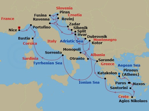 24 Night - Mediterranean from Athens to Nice - Silver Shadow - Starting in Athens, Naxos, Paros, Santorini, Aghios Nikolaos, Katakolon, Sarande, Dubrovnik, Croatia, Split, Ravenna, Rovinj, Fusina, Piran, Zadar, Sibenik, Hvar, Kotor, Monopoli, Otranto, Sorrento, Bastia, Portofino, Nice itinerary map