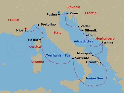 12 Night - Fusina to Nice - Silver Shadow - Starting in Fusina (Venice), Piran, Zadar, Sibenik, Hvar, Kotor, Monopoli, Otranto, Sorrento, Bastia, Corsica, Portofino, Nice itinerary map