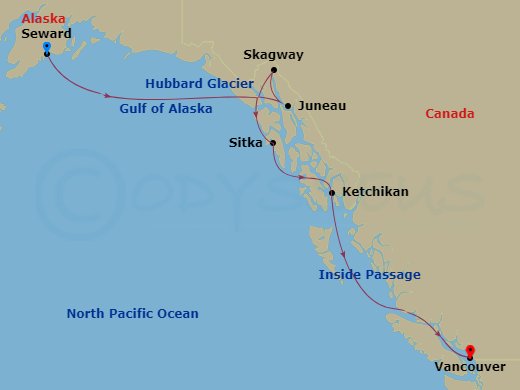 7 Night - Seward (Anchorage to Vancouver) - Silver Moon - Starting in Seward (Anchorage, Alaska), Cruise Hubbard Glacier, Alaska, Juneau, Alaska, Skagway, Alaska, Sitka, Alaska, Ketchikan, Alaska, Cruise British Columbia Inside Passage, Vancouver itinerary map