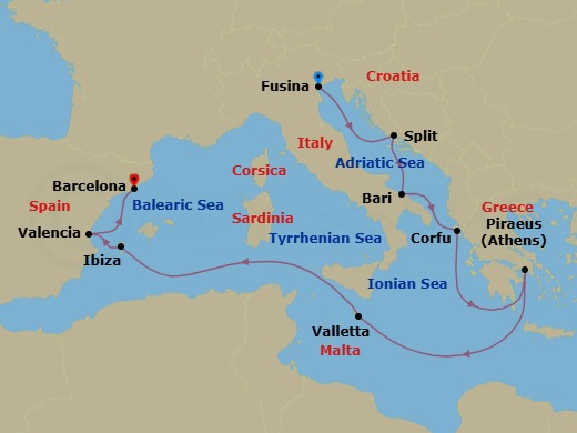 12 Night - Mythos & Melodies - Seven Seas Grandeur - Starting in Venice (Fusina), Cruising the Adriatic Sea, Split, Bari, Corfu, Athens (Piraeus), Cruising the Mediterranean Sea, Valletta, Cruising the Mediterranean Sea, Ibiza, Valencia, Barcelona itinerary map