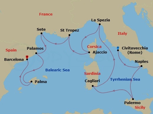 12 Night - Masterpiece at Sea - Seven Seas Voyager - Starting in Rome (Civitavecchia), Naples / Pompeii, Palermo (Sicily), Cagliari (Sardinia), Cruising the Tyrrhenian Sea, La Spezia (Cinque Terre), Ajaccio (Corsica), Saint-Tropez, Sete, Palamos, Palma De Mallorca, Cruising the Balearic Sea, Barcelona itinerary map