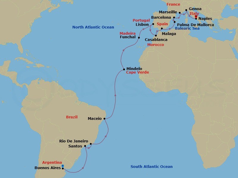 27 Night - MSC Grand Voyages - MSC Seaview - Starting in Buenos Aires, Argentina, Santos (Sao Paulo), Brazil, Rio De Janeiro, Brazil, Maceio, Brazil, Mindelo, Cape Verde, Funchal (Madeira Islands), Portugal, Lisbon (Cascais), Portugal, Casablanca (Marrakesh), Morocco, Malaga (Granada), Spain, Palma De Mallorca (Baleari Is), Spain, Barcelona, Spain, Marseille (Provence), France, Genoa (Portofino), Italy, Naples (Pompeii), Italy itinerary map