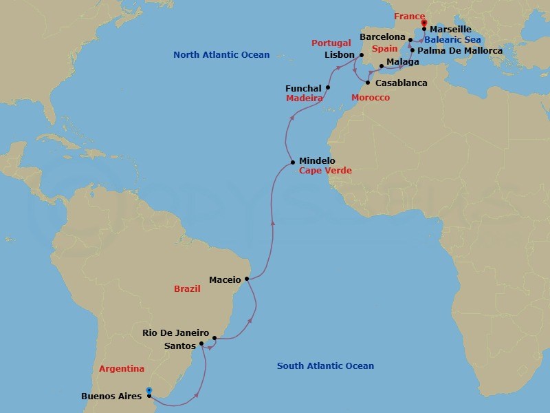25 Night - Msc Grand Voyages - MSC Seaview - Starting in Buenos Aires, Argentina, Santos (Sao Paulo), Brazil, Rio De Janeiro, Brazil, Maceio, Brazil, Mindelo, Cape Verde, Funchal (Madeira Islands), Portugal, Lisbon (Cascais), Portugal, Casablanca (Marrakesh), Morocco, Malaga (Granada), Spain, Palma De Mallorca (Baleari Is), Spain, Barcelona, Spain, Marseille (Provence), France itinerary map