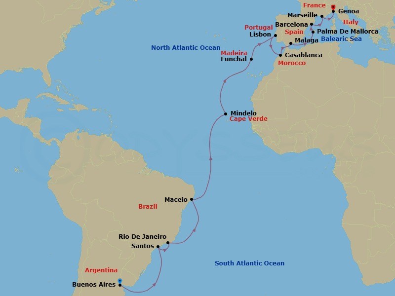 26 Night - MSC Grand Voyages - MSC Seaview - Starting in Buenos Aires, Argentina, Santos (Sao Paulo), Brazil, Rio De Janeiro, Brazil, Maceio, Brazil, Mindelo, Cape Verde, Funchal (Madeira Islands), Portugal, Lisbon (Cascais), Portugal, Casablanca (Marrakesh), Morocco, Malaga (Granada), Spain, Palma De Mallorca (Baleari Is), Spain, Barcelona, Spain, Marseille (Provence), France, Genoa (Portofino), Italy itinerary map