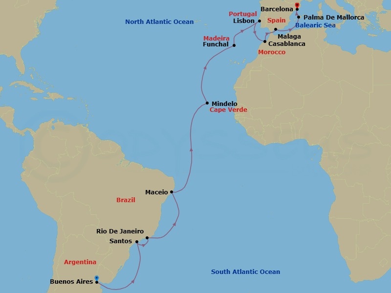 24 Night - MSC Grand Voyages - MSC Seaview - Starting in Buenos Aires, Argentina, Santos (Sao Paulo), Brazil, Rio De Janeiro, Brazil, Maceio, Brazil, Mindelo, Cape Verde, Funchal (Madeira Islands), Portugal, Lisbon (Cascais), Portugal, Casablanca (Marrakesh), Morocco, Malaga (Granada), Spain, Palma De Mallorca (Baleari Is), Spain, Barcelona, Spain itinerary map