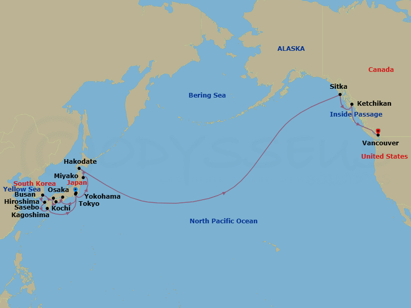 26 Night - Japan from Yokohama to Vancouver - Silver Moon - Starting in Yokohama, Osaka, Kochi, Hiroshima, Busan, Sasebo, Kagoshima, Tokyo, Miyako, Hakodate, Date Line gain a day, Sitka, Ketchikan, British Columbia Inside Passage, Vancouver itinerary map