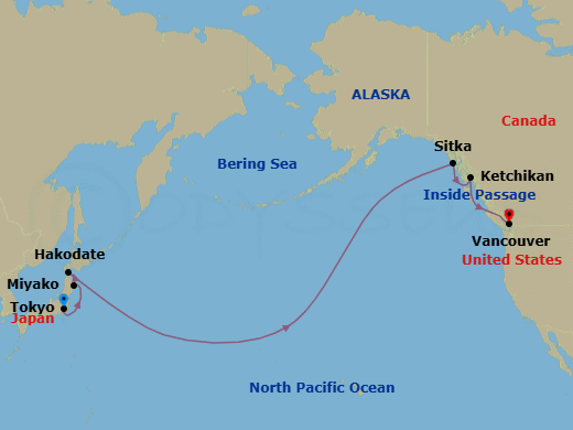 16 Night - Tokyo to Vancouver - Silver Moon - Starting in Tokyo, Miyako, Iwate, Hakodate (Hokkaido), Date Line gain a day, Sitka, Alaska, Ketchikan, Alaska, Cruise British Columbia Inside Passage, Vancouver itinerary map