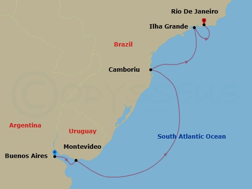 5 Night - South America from Buenos Aires to Rio De Janeiro - Costa Serena - Starting in Buenos Aires, Argentina, Montevideo, Uruguay, Camboriu, Brazil, Baia De Camboriu, Abraao (Ilha Grande), Rio de Janeiro, Brazil itinerary map