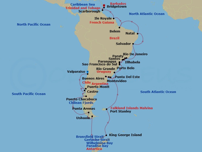 49 Night - Valparaiso to Bridgetown Grand Voyage - Azamara Quest - Starting in Valparaiso, Puerto Montt, Castro, Puerto Chacabuco, Sailing in the Chilean Fjords, Punta Arenas, Ushuaia, Sailing Snow Island, Sailing Bransfield Strait, Sailing Gerlache Strait, Sailing Paradise Bay, Sailing Wilhelmina Bay, Sailing Penguin Island, Sailing King George Island, Port Stanley, Falkland Islands, Punta Del Este, Montevideo, Buenos Aires, Montevideo, Rio Grande, Porto Belo, Sao Francisco do Sul, Paranagua, Santos (Sao Paulo), Ilhabela, Brazil, Paraty, Rio De Janeiro, Salvador De Bahia, Natal, Belem, Isle Royale, French Guiana, Scarborough, Tobago, Bridgetown itinerary map
