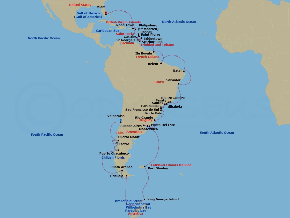 58 Night - Valparaiso to Miami Grand Voyage - Azamara Quest - Starting in Valparaiso, Puerto Montt, Castro, Puerto Chacabuco, Sailing in the Chilean Fjords, Punta Arenas, Ushuaia, Sailing Snow Island, Sailing Bransfield Strait, Sailing Gerlache Strait, Sailing Paradise Bay, Sailing Wilhelmina Bay, Sailing Penguin Island, Sailing King George Island, Port Stanley, Falkland Islands, Punta Del Este, Montevideo, Buenos Aires, Montevideo, Rio Grande, Porto Belo, Sao Francisco do Sul, Paranagua, Santos (Sao Paulo), Ilhabela, Brazil, Paraty, Rio De Janeiro, Salvador De Bahia, Natal, Belem, Isle Royale, French Guiana, Scarborough, Tobago, Bridgetown, Saint Georges, Grenada, Castries, Saint-Pierre, Roseau, Philipsburg, Road Town, Tortola, Miami, Florida itinerary map