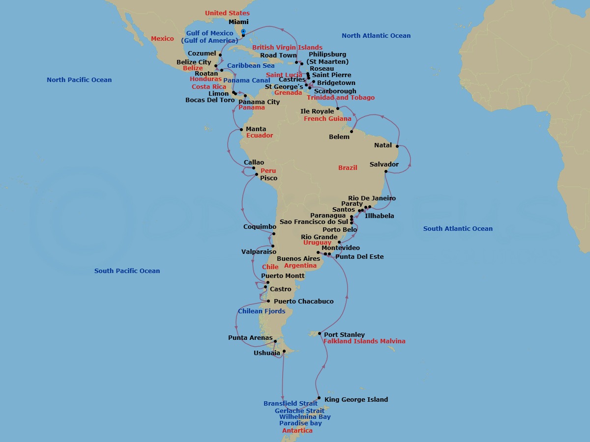 77 Night - Circle South America Grand Voyage - Azamara Quest - Starting in Miami, Florida, Cozumel, Mexico, Belize City, Roatan, Puerto Limon, Bocas del Toro, Panama Canal (Cruising), Panama City (Fuerte Amador), Manta, Callao (Lima), Pisco, Coquimbo, Valparaiso, Puerto Montt, Castro, Puerto Chacabuco, Sailing in the Chilean Fjords, Punta Arenas, Ushuaia, Sailing Snow Island, Sailing Bransfield Strait, Sailing Gerlache Strait, Sailing Paradise Bay, Sailing Wilhelmina Bay, Sailing Penguin Island, Sailing King George Island, Port Stanley, Falkland Islands, Punta Del Este, Montevideo, Buenos Aires, Montevideo, Rio Grande, Porto Belo, Sao Francisco do Sul, Paranagua, Santos (Sao Paulo), Ilhabela, Brazil, Paraty, Rio De Janeiro, Salvador De Bahia, Natal, Belem, Isle Royale, French Guiana, Scarborough, Tobago, Bridgetown, Saint Georges, Grenada, Castries, Saint-Pierre, Roseau, Philipsburg, Road Town, Tortola, Miami, Florida itinerary map