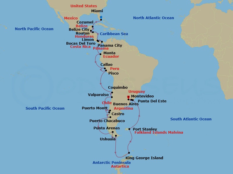 42 Night - Miami to Buenos Aires Grand Voyage - Azamara Quest - Starting in Miami, Florida, Cozumel, Mexico, Belize City, Roatan, Puerto Limon, Bocas del Toro, Panama Canal (Cruising), Panama City (Fuerte Amador), Manta, Callao (Lima), Pisco, Coquimbo, Valparaiso, Puerto Montt, Castro, Puerto Chacabuco, Sailing in the Chilean Fjords, Punta Arenas, Ushuaia, Sailing Snow Island, Sailing Bransfield Strait, Sailing Gerlache Strait, Sailing Paradise Bay, Sailing Wilhelmina Bay, Sailing Penguin Island, Sailing King George Island, Port Stanley, Falkland Islands, Punta Del Este, Montevideo, Buenos Aires itinerary map