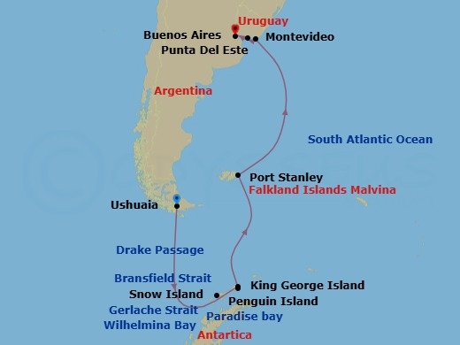 13 Night - Argentina, Antarctica & Uruguay Cruise : Ushuaia, Punta Del Este & Montevideo - Azamara Quest - Starting in Ushuaia, Sailing Snow Island, Sailing Bransfield Strait, Sailing Gerlache Strait, Sailing Paradise Bay, Sailing Wilhelmina Bay, Sailing Penguin Island, Sailing King George Island, Port Stanley, Falkland Islands, Punta Del Este, Montevideo, Buenos Aires itinerary map