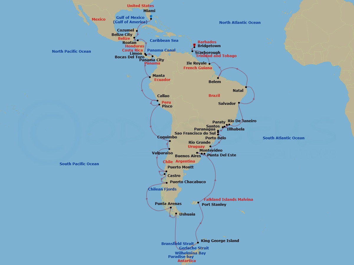 68 Night - Miami to Bridgetown Grand Voyage - Azamara Quest - Starting in Miami, Florida, Cozumel, Mexico, Belize City, Roatan, Puerto Limon, Bocas del Toro, Panama Canal (Cruising), Panama City (Fuerte Amador), Manta, Callao (Lima), Pisco, Coquimbo, Valparaiso, Puerto Montt, Castro, Puerto Chacabuco, Sailing in the Chilean Fjords, Punta Arenas, Ushuaia, Sailing Snow Island, Sailing Bransfield Strait, Sailing Gerlache Strait, Sailing Paradise Bay, Sailing Wilhelmina Bay, Sailing Penguin Island, Sailing King George Island, Port Stanley, Falkland Islands, Punta Del Este, Montevideo, Buenos Aires, Montevideo, Rio Grande, Porto Belo, Sao Francisco do Sul, Paranagua, Santos (Sao Paulo), Ilhabela, Brazil, Paraty, Rio De Janeiro, Salvador De Bahia, Natal, Belem, Isle Royale, French Guiana, Scarborough, Tobago, Bridgetown itinerary map