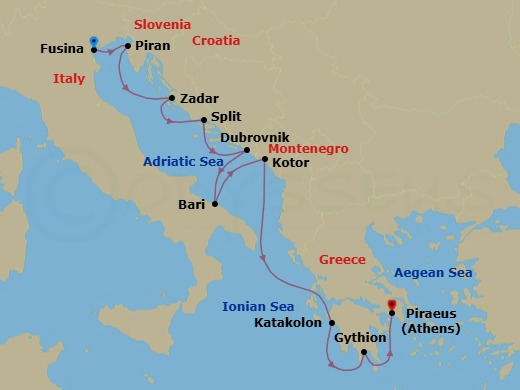 10 Night - Fusina to Athens - Silver Nova - Starting in Fusina (Venice), Piran, Zadar, Split, Dubrovnik, Croatia, Bari, Kotor, Katakolon (Olympia), Gythion, Athens (Piraeus) itinerary map