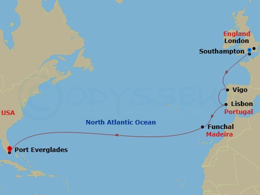 13 Night - Westbound Transatlantic Cruise from Southampton Ending in Fort Lauderdale - Disney Dream - Starting in Southampton, Vigo, Lisbon, Madeira, Port Everglades itinerary map