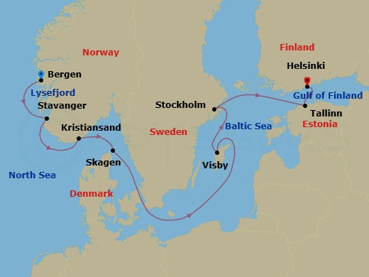 10 Night - From the North Sea to the Baltic - Le Commandant Charcot - Starting in Bergen, Sailing in Lysefjorden, Stavanger, Kristiansand, Skagen, Visby, Gotland, Stockholm, Tallinn, Helsinki itinerary map