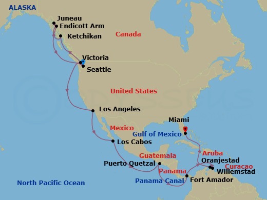 28 Night - Seattle to Miami - Queen Elizabeth - Starting in Seattle, WA, Ketchikan, AK, Juneau, AK, Endicott Arm, AK, (Scenic Cruising), Victoria CA, Canada, Seattle, WA, Los Angeles, CA, Cabo San Lucas, Mexico, Puerto Quetzal, Guatemala, Fuerte Amador (tours to Panama City), Panama, Transit the Panama Canal, Panama (Full Transit), Willemstad AN, Curacao, Oranjestad, Aruba, Miami, FL itinerary map
