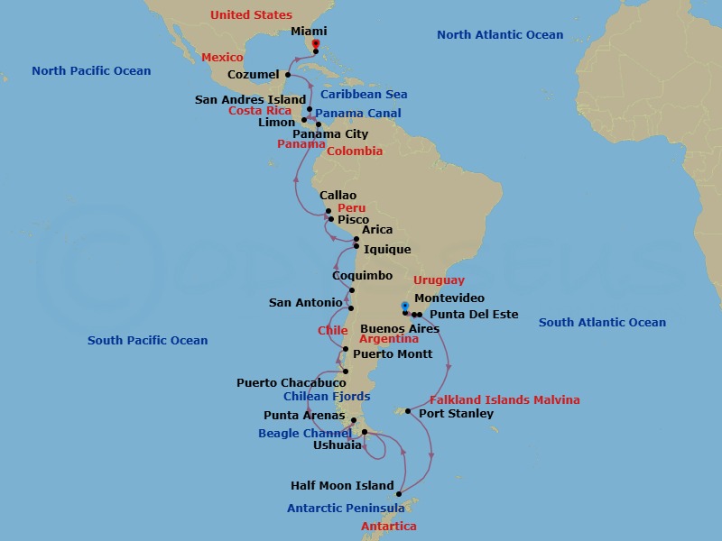 40 Night - Buenos Aires to Miami Grand Voyage - Azamara Journey - Starting in Buenos Aires, Montevideo, Punta Del Este, Port Stanley, Falkland Islands, Sailing Nelson Strait, Sailing Half Moon Island, Sailing Melchior Islands, Sailing Paradise Bay, Sailing the Antarctic Peninsula, Ushuaia, Sailing in the Beagle Channel, Ushuaia, Punta Arenas, Sailing in the Chilean Fjords, Puerto Chacabuco, Puerto Montt, San Antonio Cl, Coquimbo, Iquique, Arica, Pisco, Callao (Lima), Panama City (Fuerte Amador), Panama Canal (Cruising), Puerto Limon, Isla San Andres, Cozumel, Mexico, Miami, Florida itinerary map