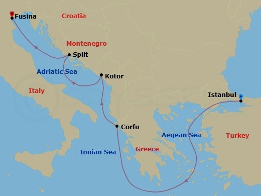 6 Night - A Journey from the Bosphorus to Venice - EXPLORA II - Starting in Istanbul, Corfu, Kotor, Split, Fusina (Venice) itinerary map
