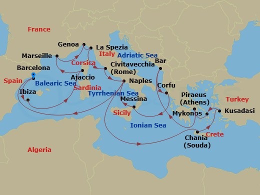 21 Night - The Best of the Mediterranean - Sun Princess - Starting in Barcelona, Spain, Ibiza, Spain, Corsica (Ajaccio), France, Marseille (Provence), France, Genoa (for Cinque Terre), Italy, La Spezia (for Florence / Pisa), Italy, Civitavecchia (for Rome), Italy, Naples, Italy (for Capri and Pompeii), Crete (Chania), Greece, Kusadasi, Turkey (for Ephesus), Mykonos, Greece, Athens (Piraeus), Greece, Montenegro, Corfu, Greece, Sicily (Messina), Italy, Naples, Italy (for Capri and Pompeii), Barcelona, Spain itinerary map