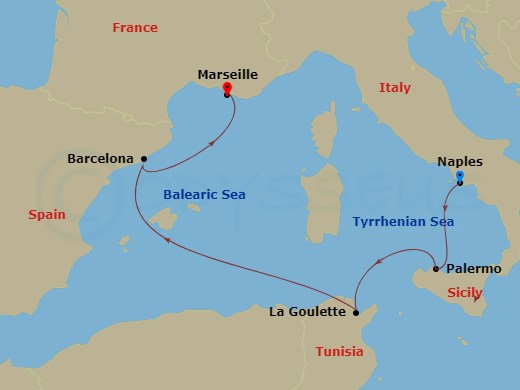 5 Night - Mediterranean - MSC Euribia - Starting in Naples (Pompeii), Italy, Palermo (Monreale), Italy, La Goulette, Tunisia, Barcelona, Spain, Marseille (Provence), France itinerary map
