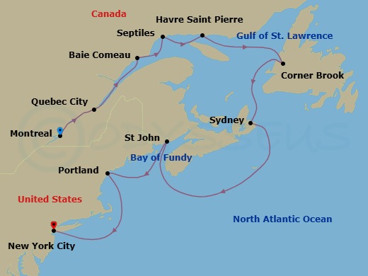11 Night - Quebec & Atlantic Canada - Oceania Vista - Starting in Montreal, Quebec City, Baie-Comeau, Sept-Iles, Havre, Saint Pierre, Corner Brook, Sydney NS, Saint John NB (Bay of Fundy), Portland ME, New York itinerary map