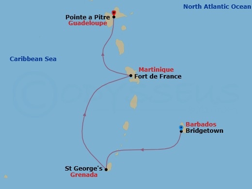 4 Night - Msc Grand Voyages - MSC World Europa - Starting in Bridgetown, Barbados, Saint George, Grenada, Fort-de-France, Martinique, Pointe-A-Pitre, Guadeloupe itinerary map
