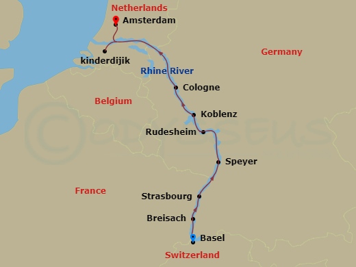 7 Night - Rhine Getaway - Viking Hervor - Starting in Basel, Breisach, Strasbourg, Speyer, Rudesheim, Middle Rhine Scenic Sailing, Koblenz, Cologne, Scenic Sailing Waal and Merwede, Kinderdijk, Amsterdam itinerary map