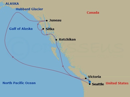 7 Night - Alaska - Seattle - Norwegian Joy - Starting in Seattle, Wa, Juneau, Ak, Cruise Hubbard Glacier, Ak, Sitka, Ak, Ketchikan (Ward Cove), Ak, Victoria CA, Canada, Seattle, Wa itinerary map