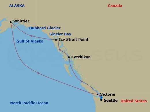 10 Night - Alaska - Seattle - Norwegian Joy - Starting in Seattle, Wa, Ketchikan (Ward Cove), Ak, Icy Strait Point, Ak, Cruise Glacier Bay, Ak, Cruise Hubbard Glacier, Ak, Whittier, Ak, Victoria CA, Canada, Seattle, Wa itinerary map