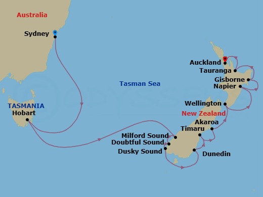 13 Night - Sounds of the Sea - Seven Seas Explorer - Starting in Sydney AU, Cruising the Tasman Sea, Hobart (Tasmania), Cruising the Tasman Sea, Cruising the Fjords of Milford Sound, Cruising the Fjords of Doubtful Sound, Cruising the Fjords of Dusky Sound, Dunedin, Timaru, Akaroa, Wellington, Napier, Gisborne, Rotorua (Tauranga), Auckland itinerary map